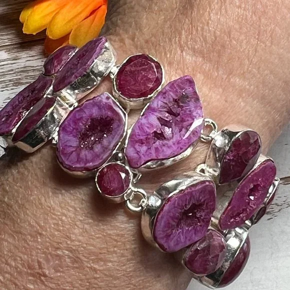 Solar Agate & Ruby Bracelet Handmade Stone Gemstone 925 Silver Large Ethnic New